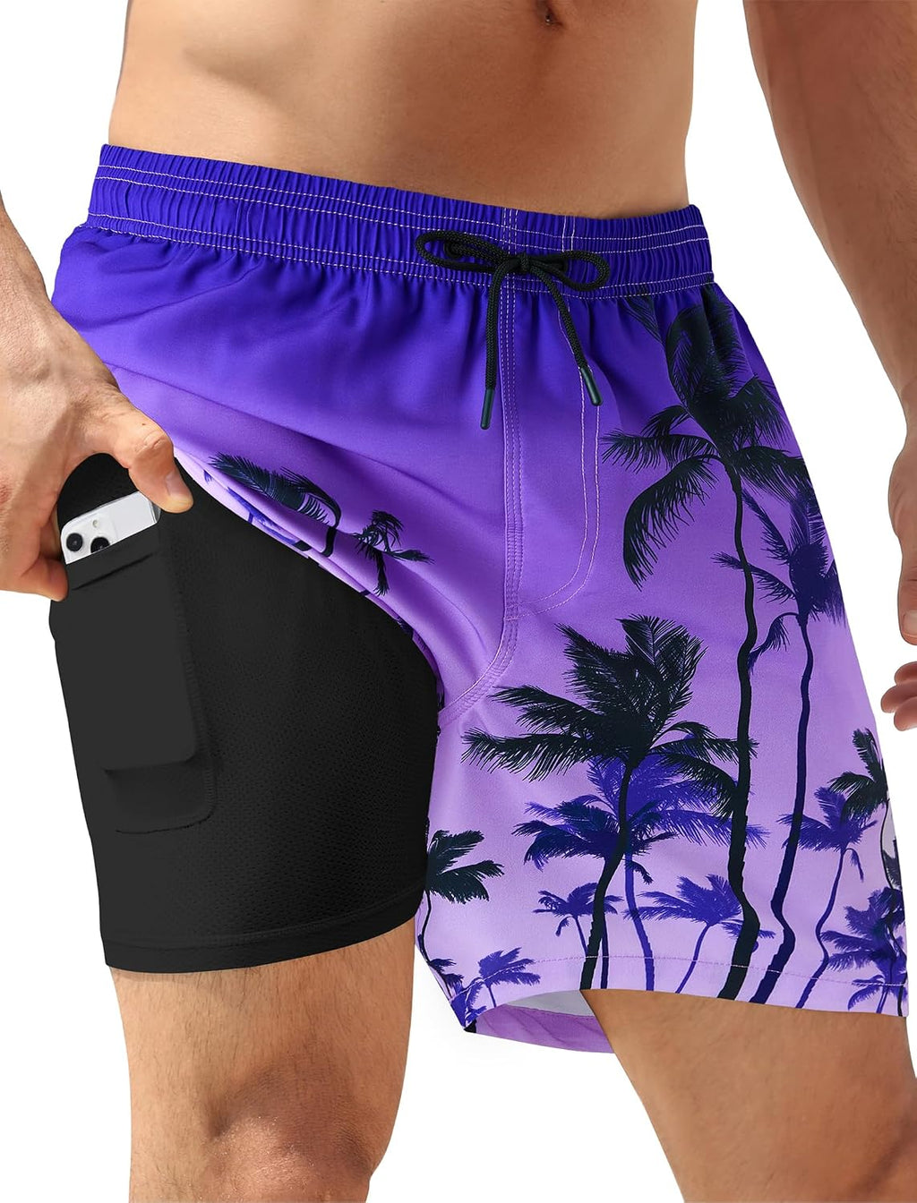 Men's 5 Inch Swim Trunks - Quick Dry 2 in 1 Board Shorts with Compression Liner and Zipper Pockets - Dusty Blue & Sage O