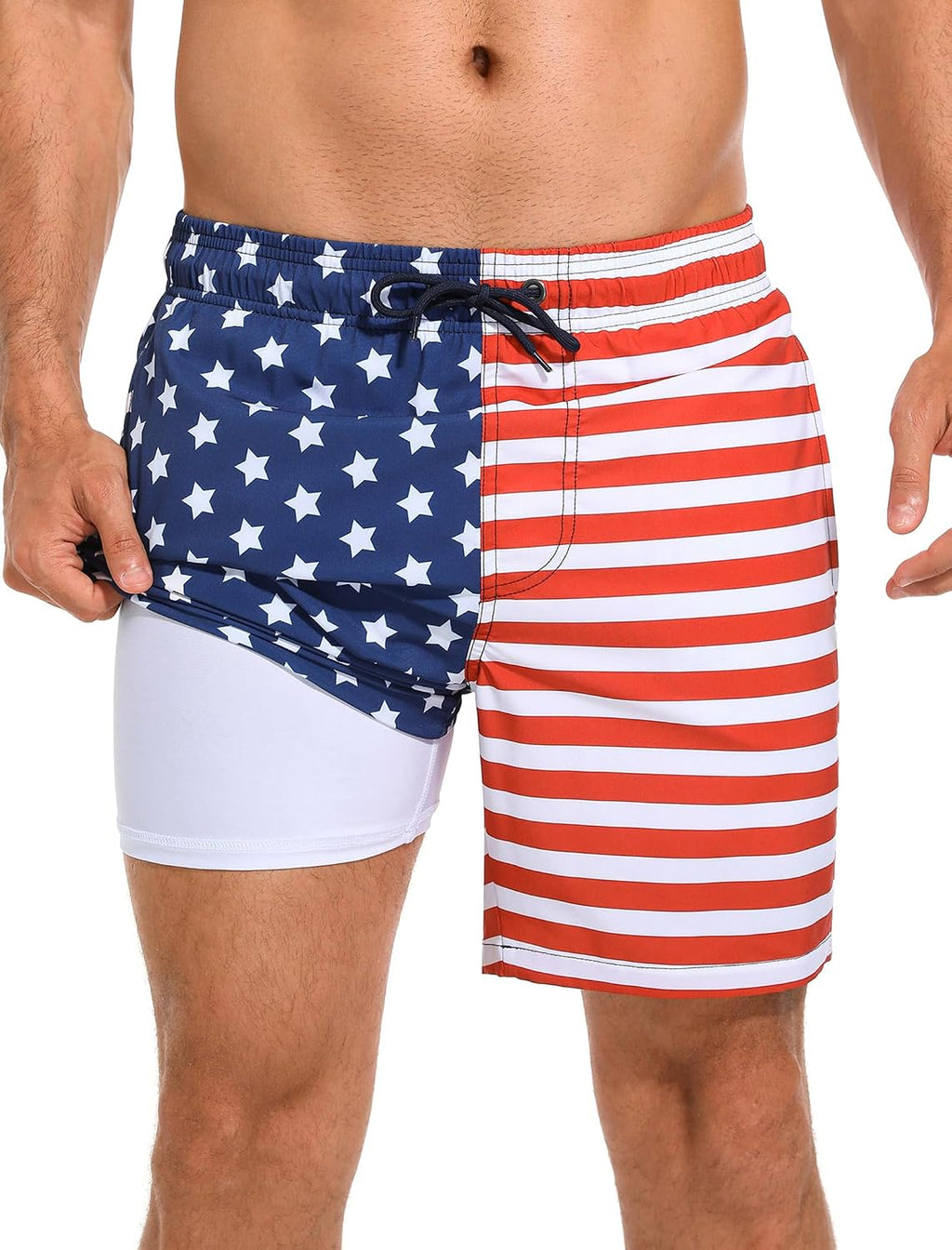 Men's 7 Inch Swim Trunks - 2 in 1 Compression Liner, Adjustable Waist and Side Zipper Pockets for Water Sports - Medium