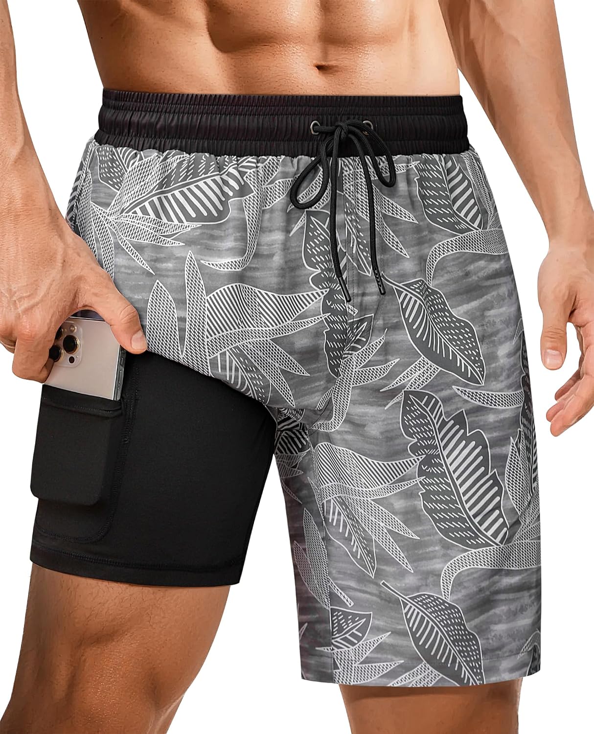Men's 9 Inch Swim Trunks - UPF 40+ Board Shorts with Compression Liner, Velcro Pocket and Drain Holes - Large