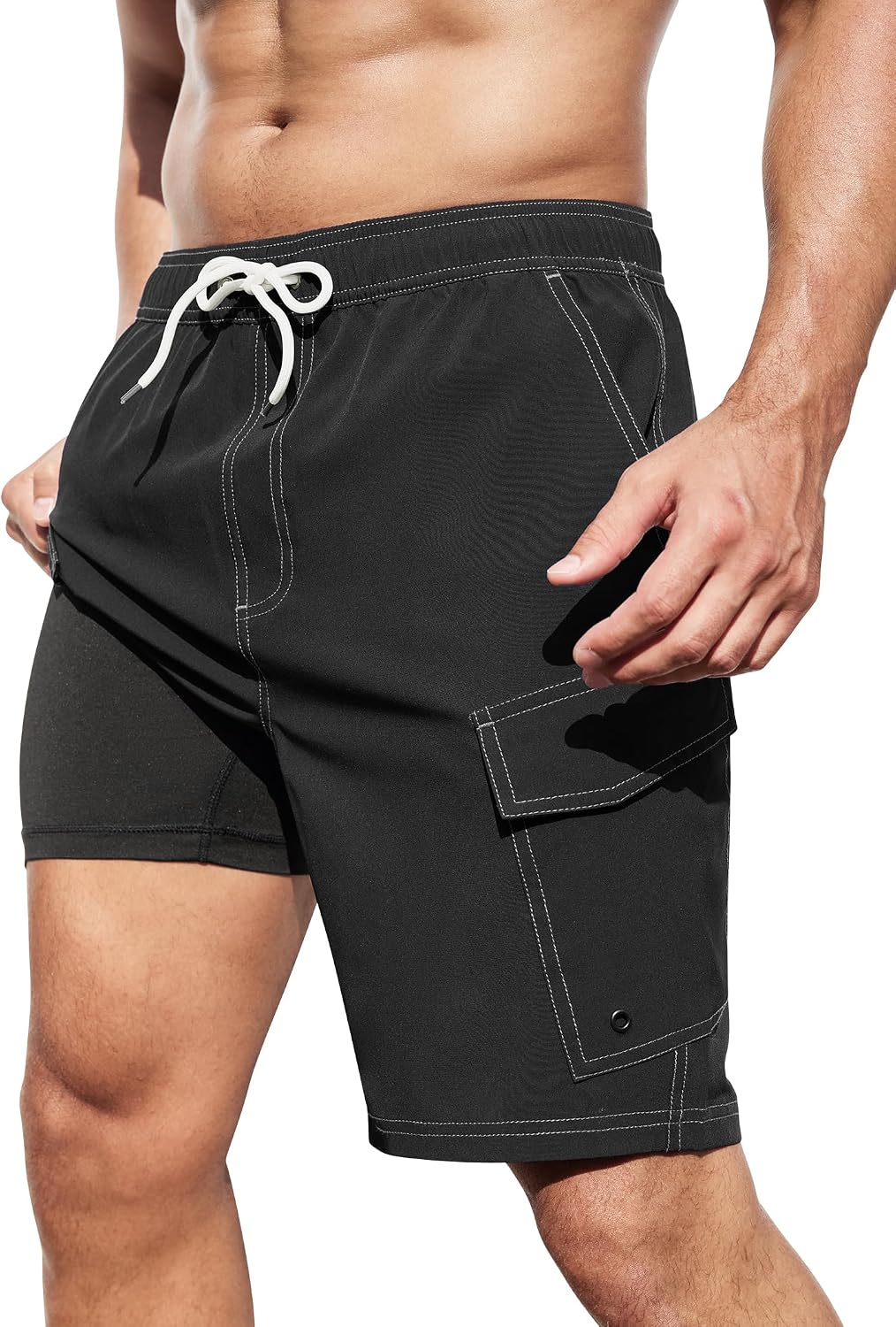 Men's Cargo Swim Trunks - 9 Inch Board Shorts with Compression Liner and Deep Side Pockets for Water Parks - Medium