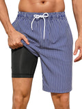 Men's 9 Inch Swim Trunks - Striped Beach Shorts with Zip Pockets and Compression Liner for Cruises and Pools - Small