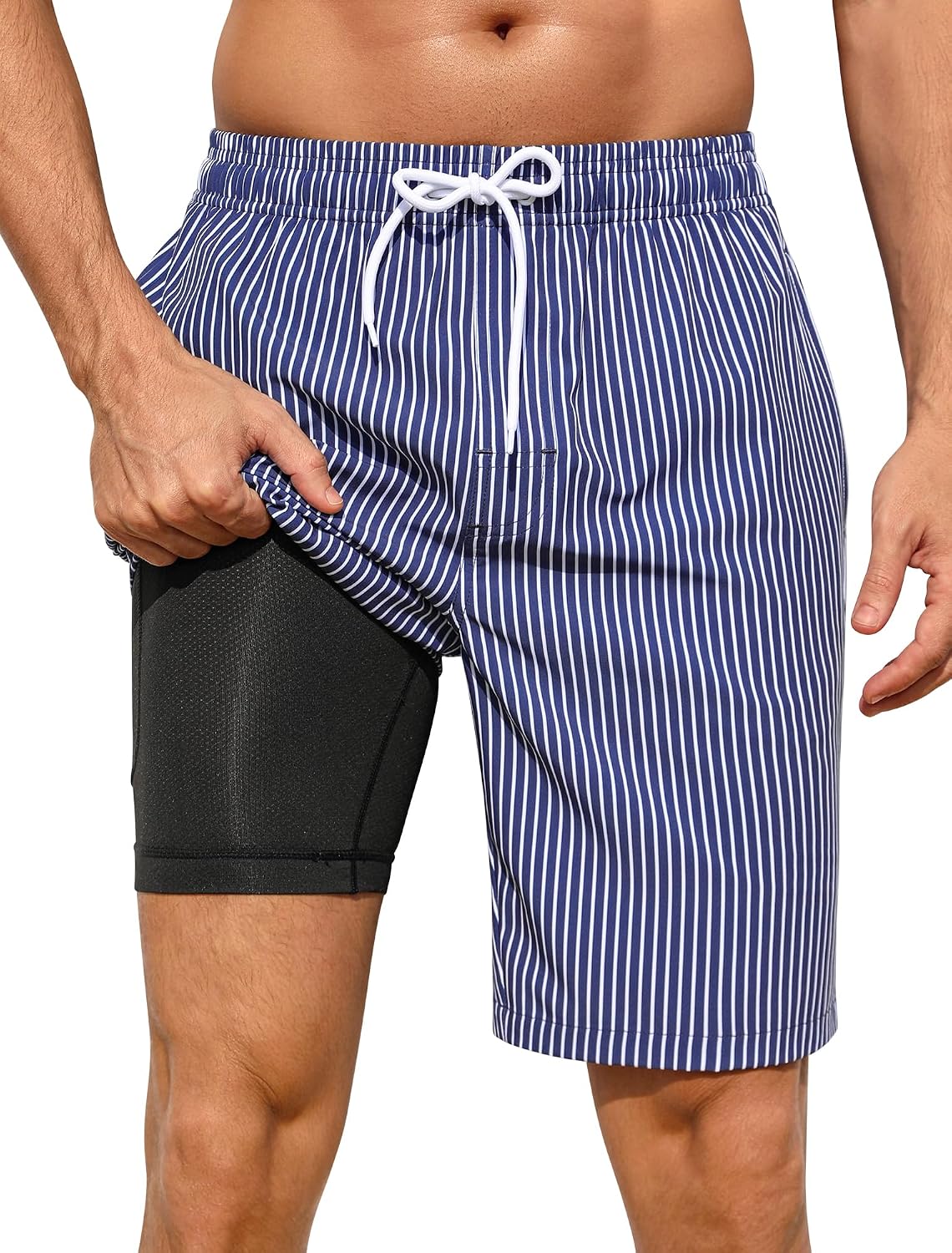 Men's 9 Inch Swim Trunks - Striped Beach Shorts with Zip Pockets and Compression Liner for Cruises and Pools - Small