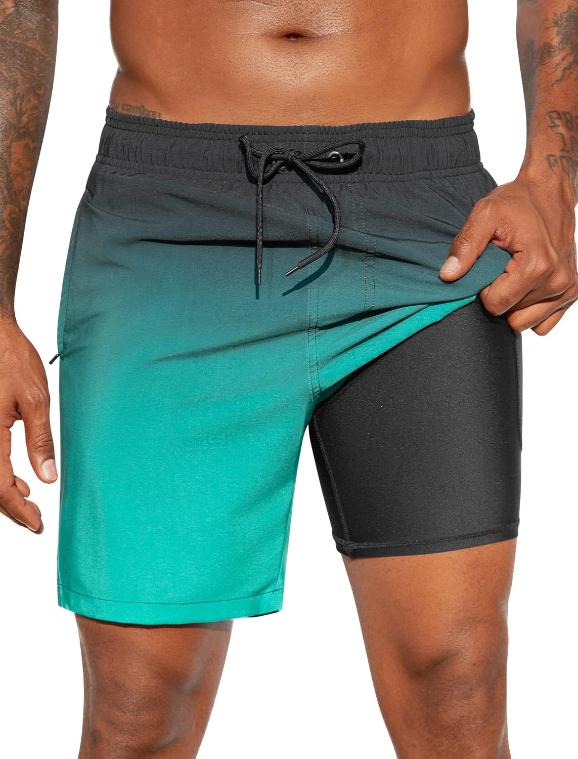 Men's 7 Inch Swim Trunks - 2 in 1 Compression Liner, Adjustable Waist and Side Zipper Pockets for Water Sports - Large