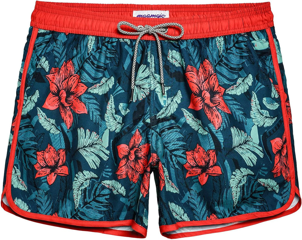 Men's Retro Swim Trunks - 80s and 90s Vintage Print Board Shorts with Mesh Lining and Quick Dry Fabric - Large
