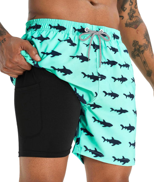 Men's 5 Inch Swim Trunks - Printed Beach Bathing Suit with Compression Liner and Elastic Waist for Poolside - Small
