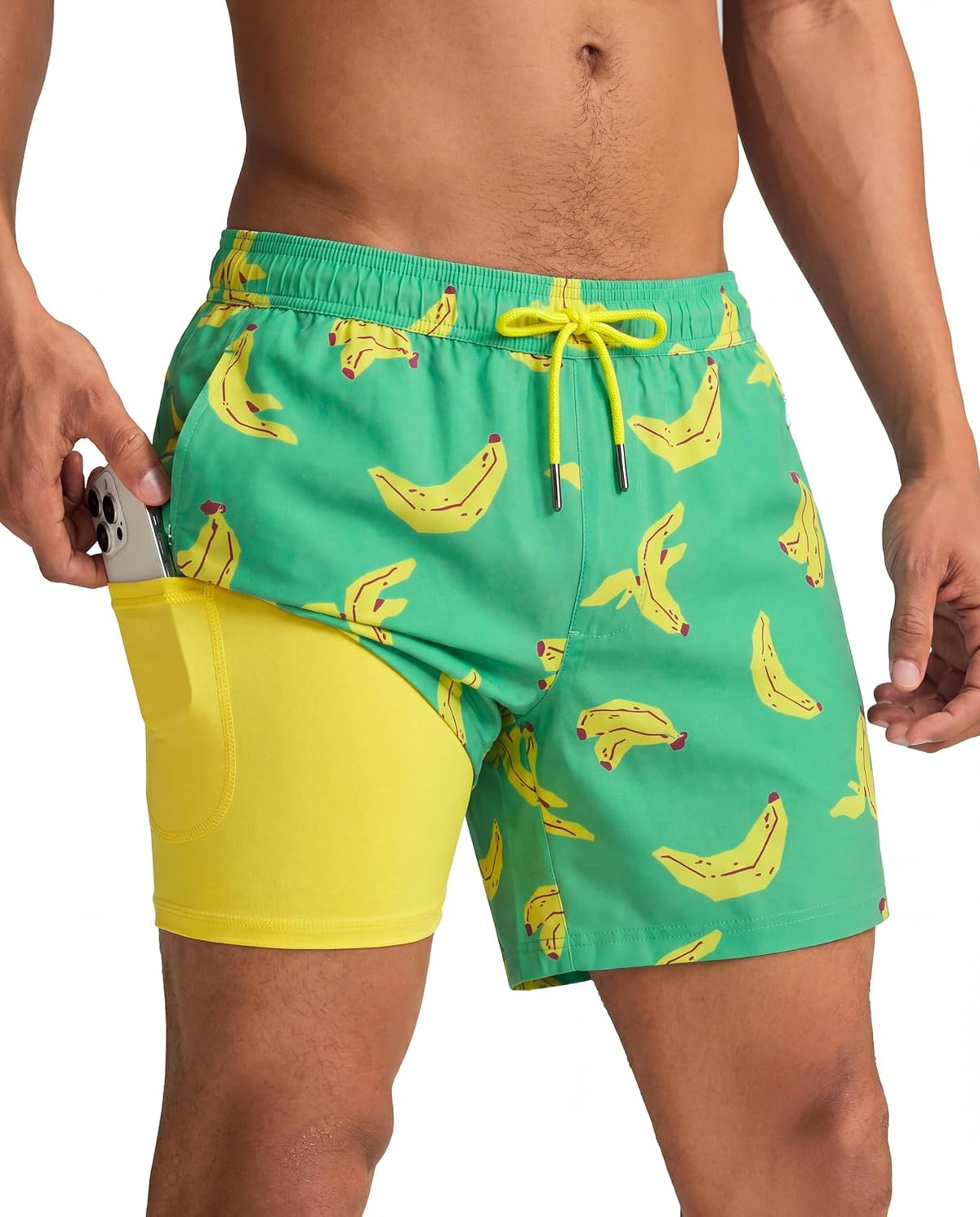 Men's Quick Dry Swim Trunks - 5 Inch Inseam with Built-In Compression Liner for Beach and Pool Days - Banana (2)