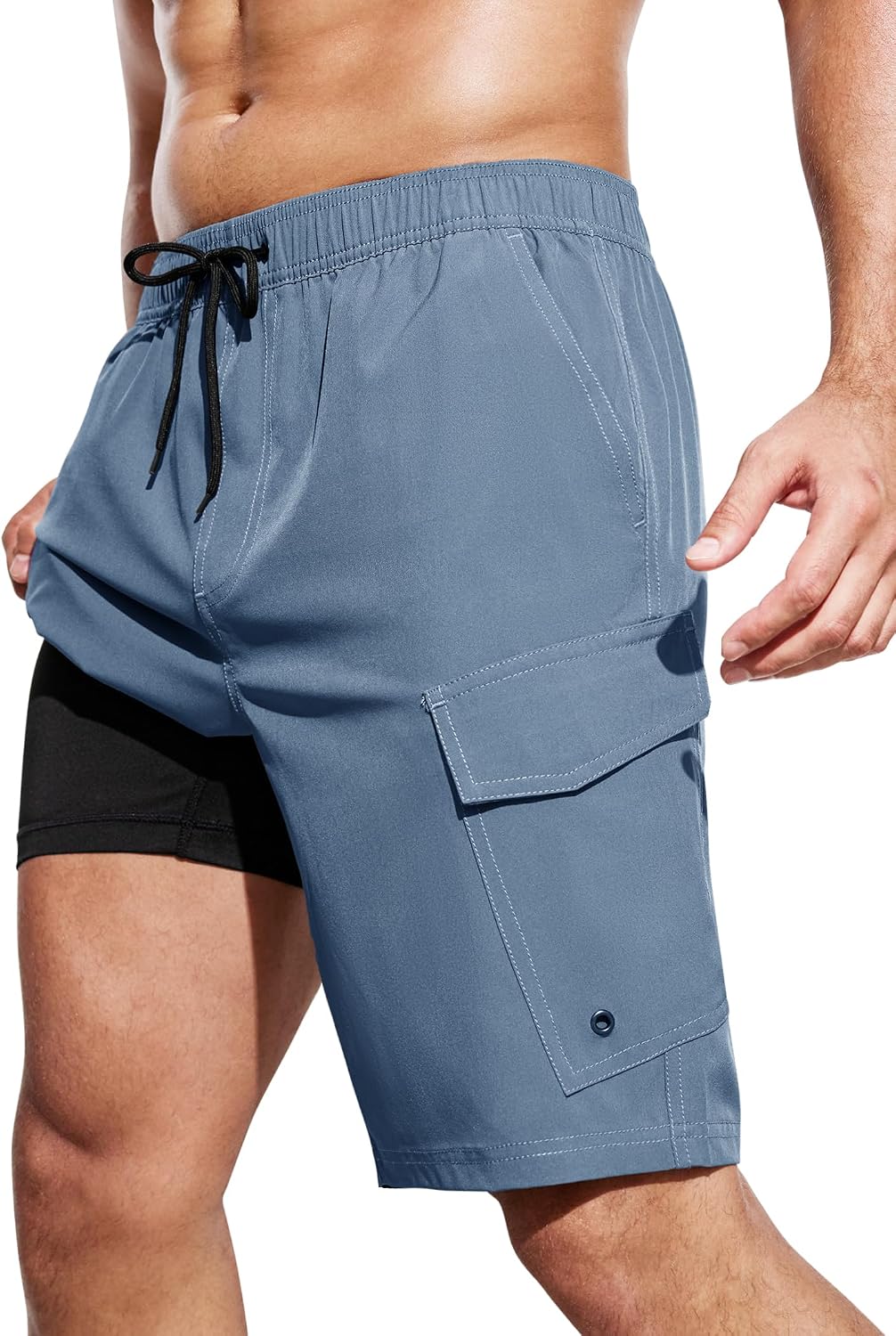 Men's Cargo Swim Trunks - 9 Inch Board Shorts with Compression Liner and Deep Side Pockets for Water Parks - Small