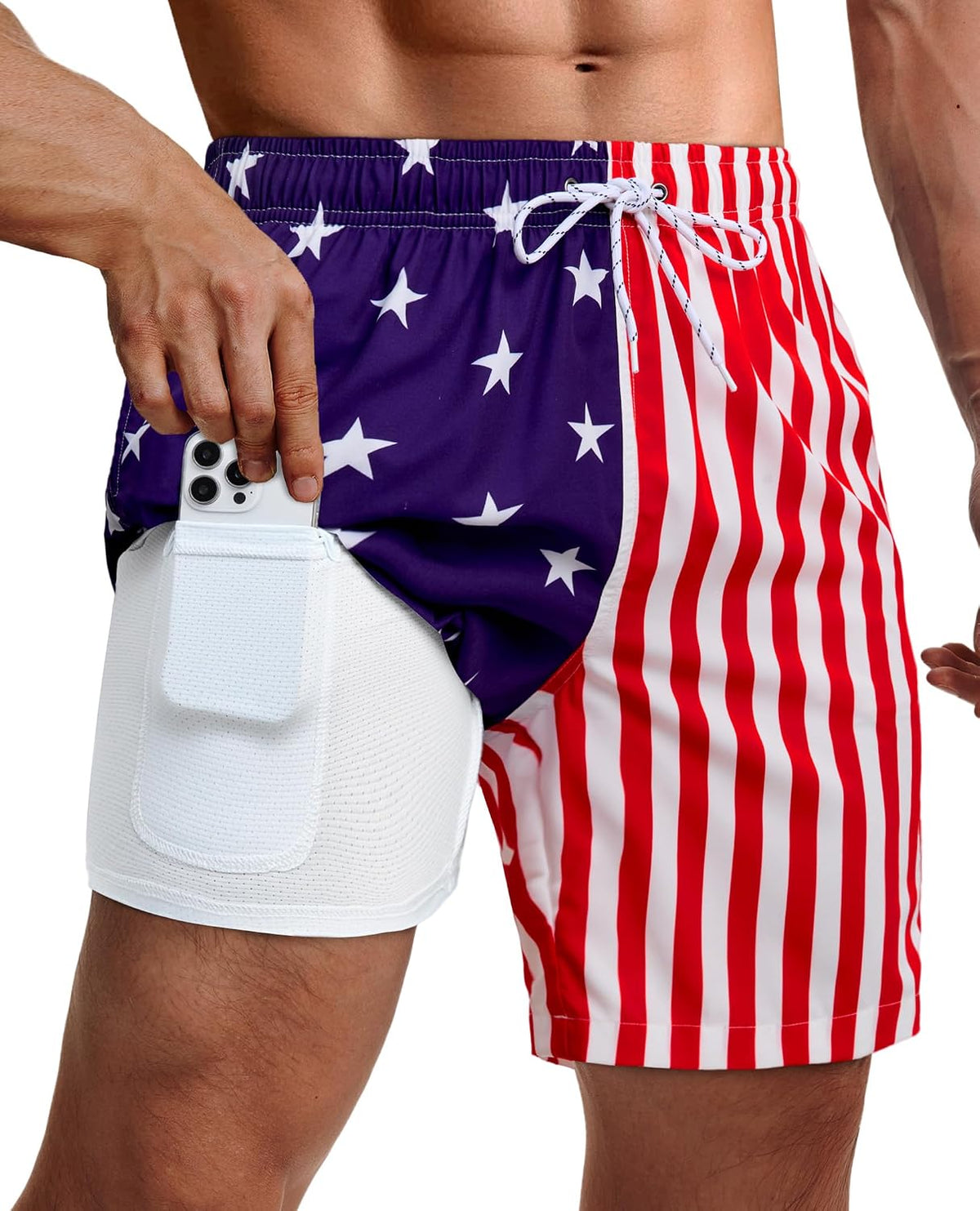 Men's 9 Inch Swim Trunks - UPF 40+ Board Shorts with Compression Liner, Velcro Pocket and Drain Holes - Medium