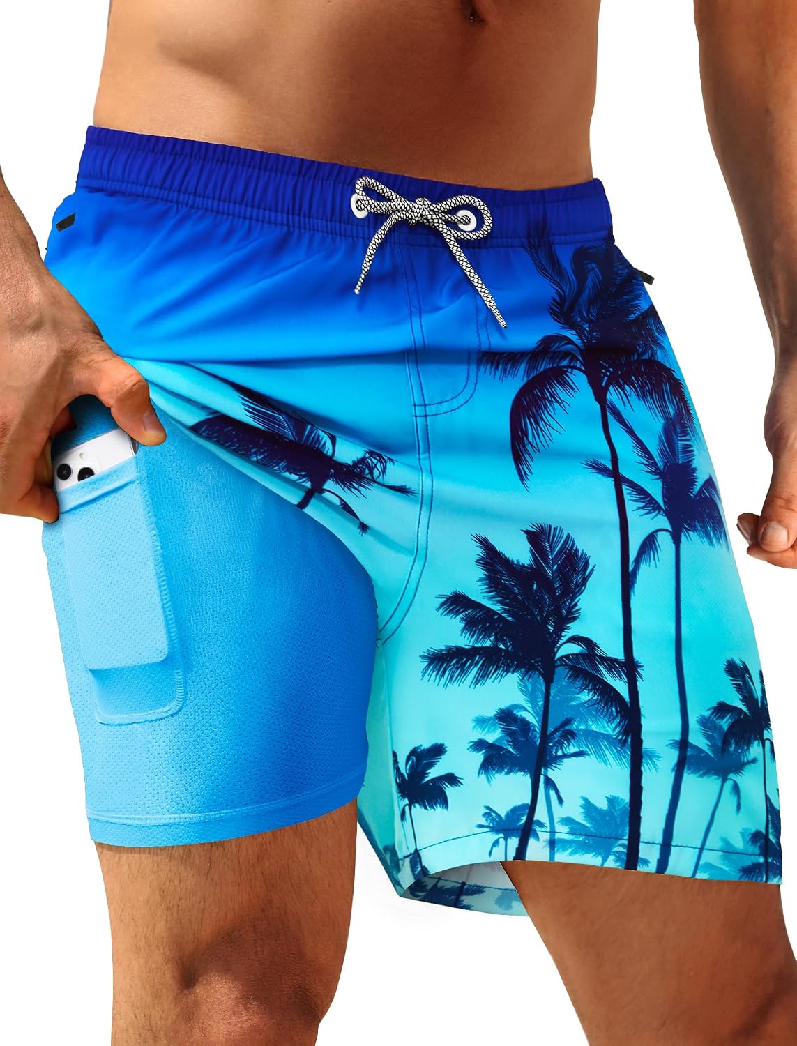 Men's 5 Inch Swim Trunks - Quick Dry 2 in 1 Board Shorts with Compression Liner and Zipper Pockets - Black Green Leaves