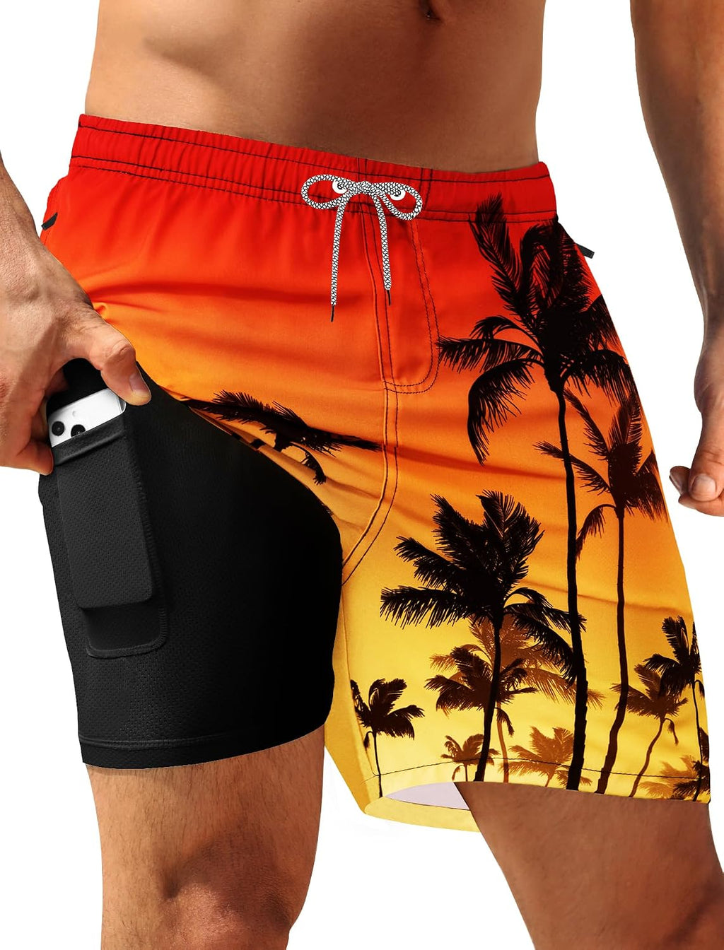 Men's 5 Inch Swim Trunks - Quick Dry 2 in 1 Board Shorts with Compression Liner and Zipper Pockets - Black Green Leaves