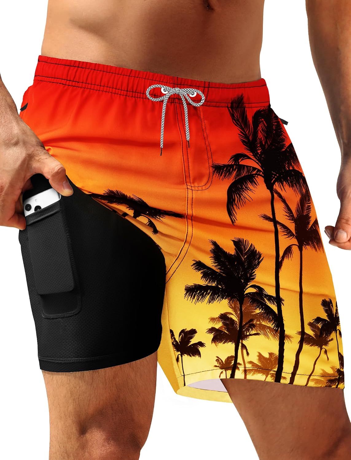 Men's 5 Inch Swim Trunks - Quick Dry 2 in 1 Board Shorts with Compression Liner and Zipper Pockets - Black Green Leaves
