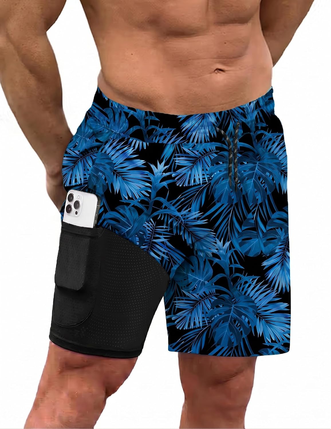 Men's 2 in 1 Swim Trunks - Quick Dry Board Shorts with Compression Liner and Printed Designs for the Beach - Print Green