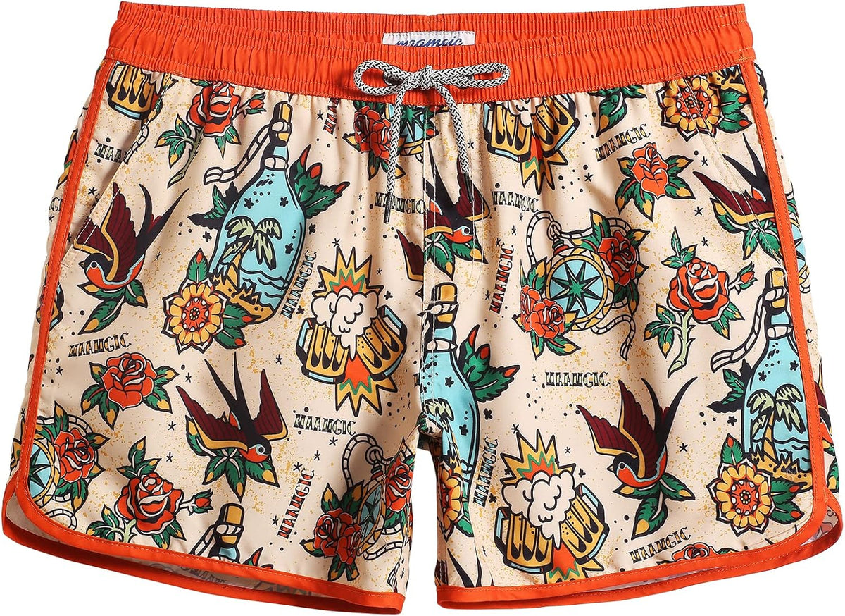 Men's Retro Swim Trunks - 80s and 90s Vintage Print Board Shorts with Mesh Lining and Quick Dry Fabric - Small (16)