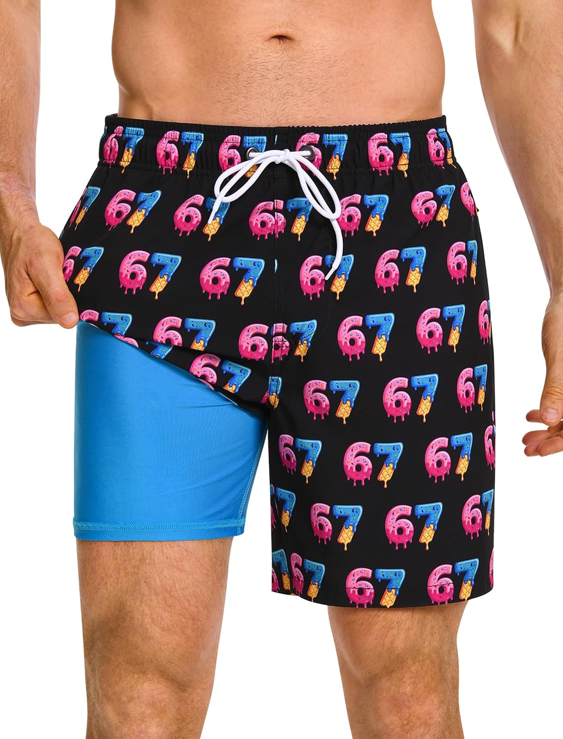 Men's 7 Inch Swim Trunks - 2 in 1 Compression Liner, Adjustable Waist and Side Zipper Pockets for Water Sports - Medium