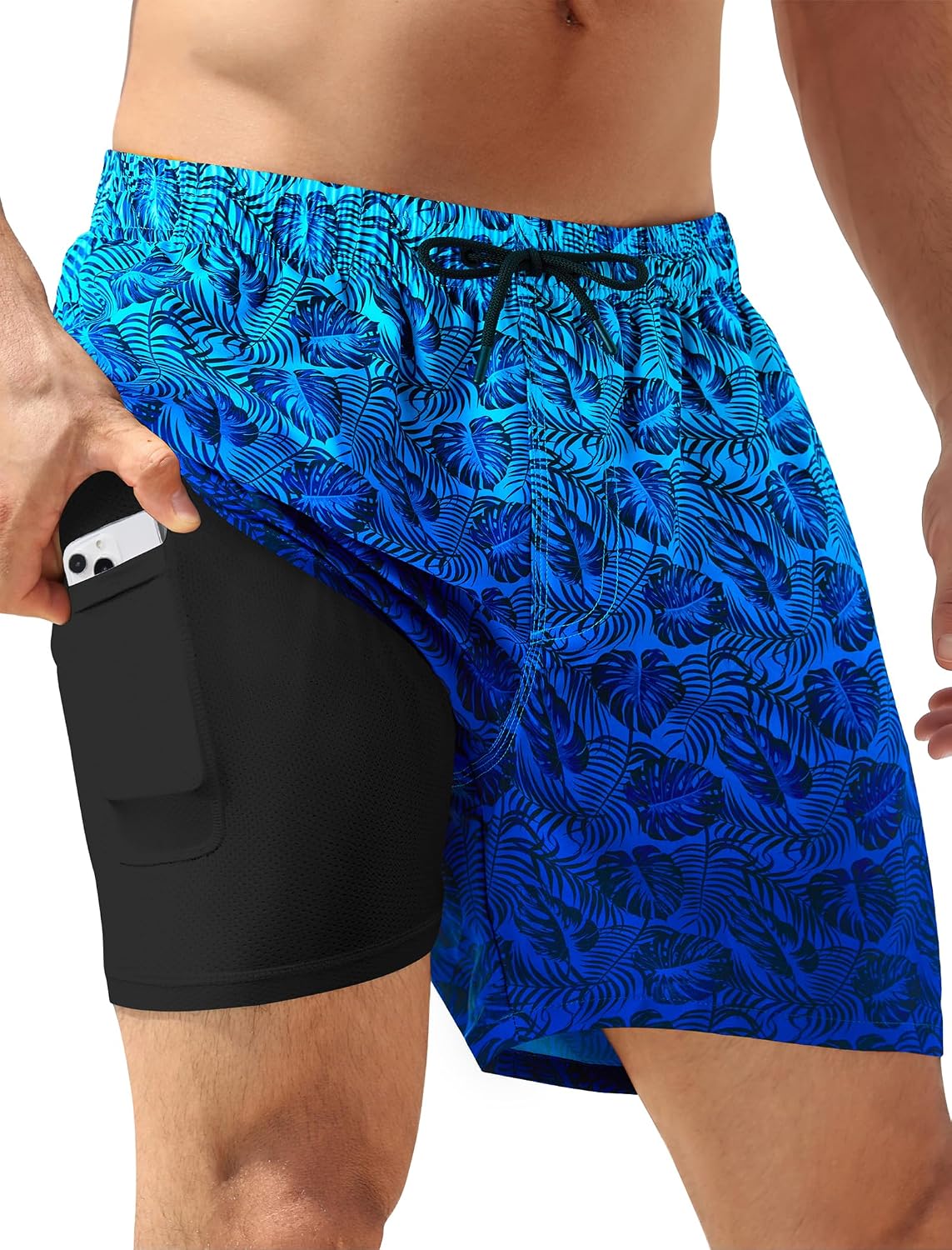 Men's 5 Inch Swim Trunks - Quick Dry 2 in 1 Board Shorts with Compression Liner and Zipper Pockets - Dusty Blue & Sage O