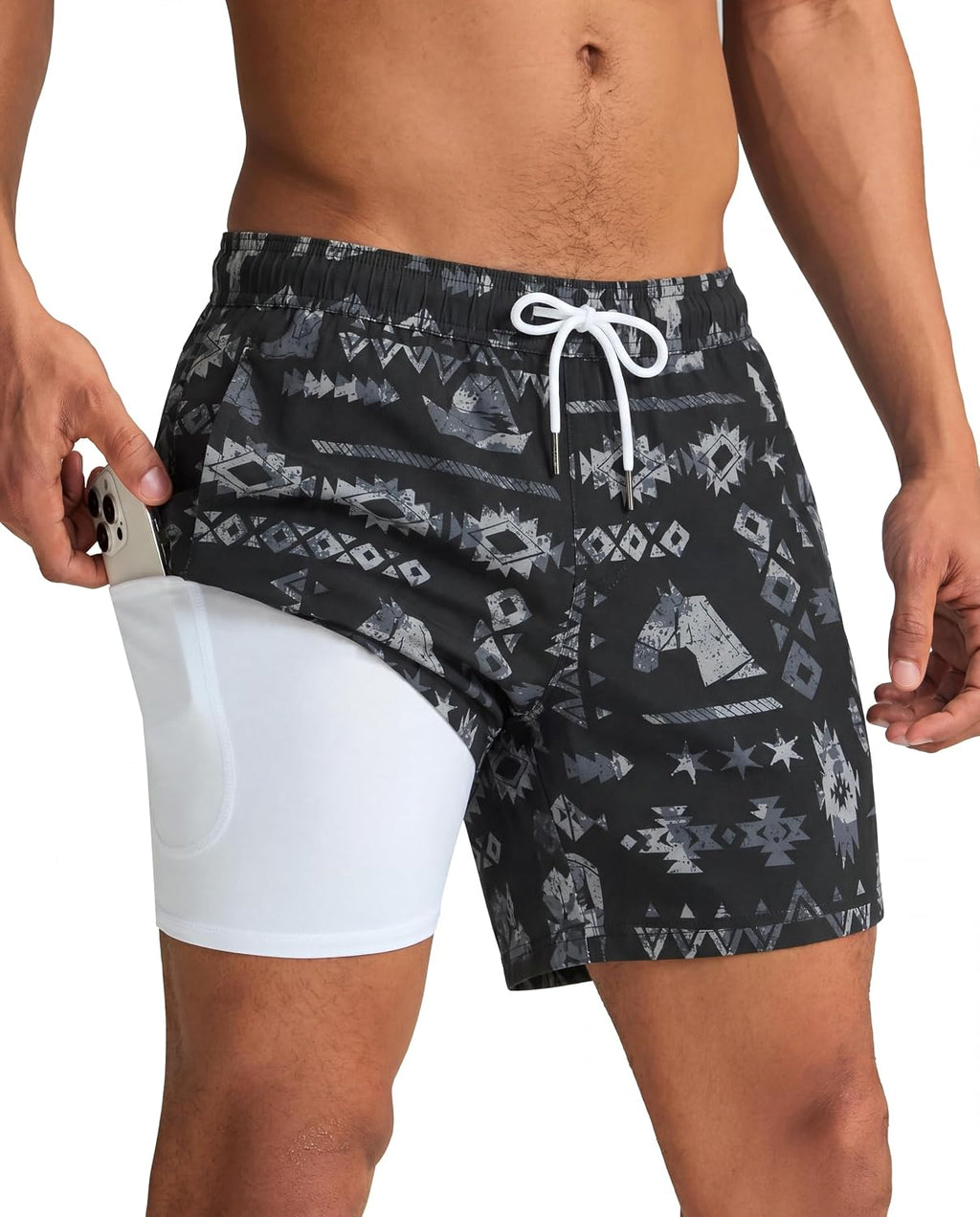 Men's Quick Dry Swim Trunks - 5 Inch Inseam with Built-In Compression Liner for Beach and Pool Days - Boro Flame (55)