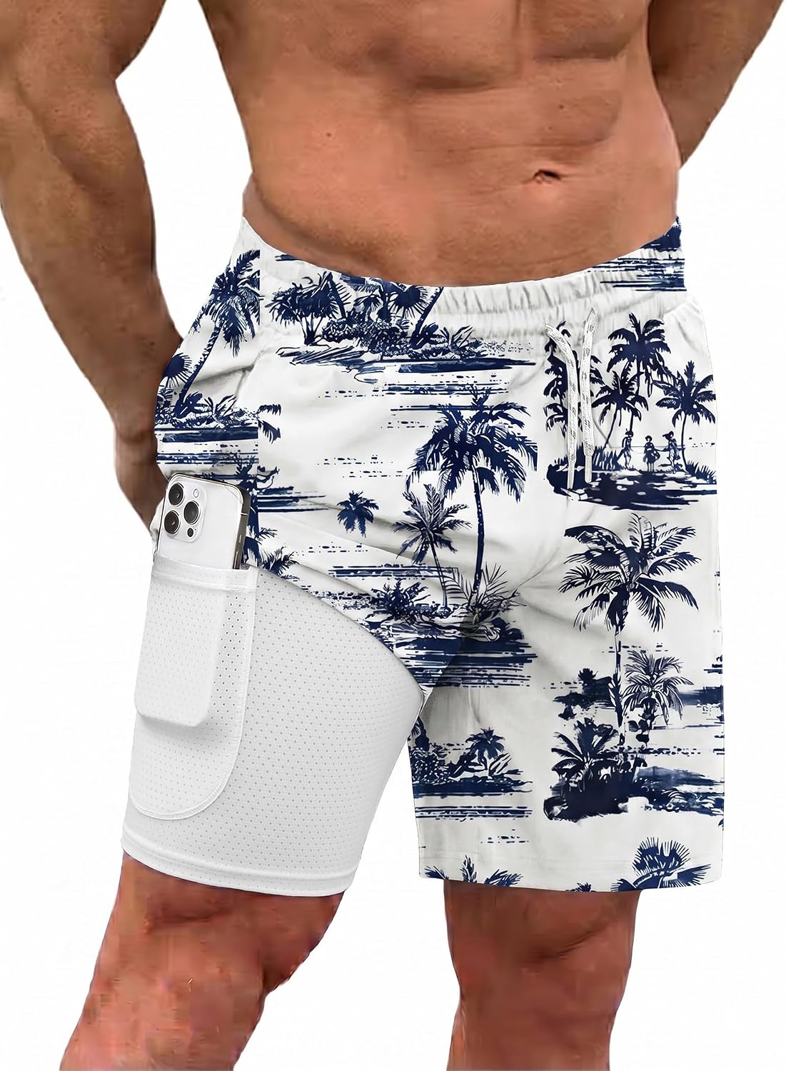 Men's 2 in 1 Swim Trunks - Quick Dry Board Shorts with Compression Liner and Printed Designs for the Beach - Print Green