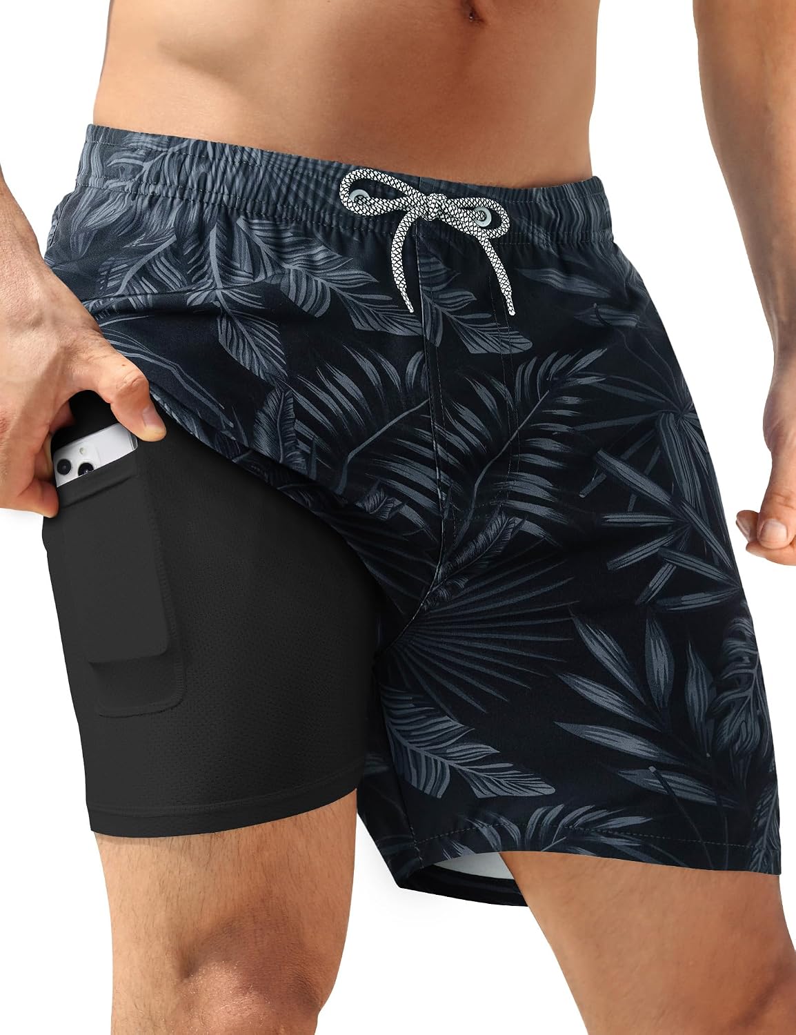 Men's 5 Inch Swim Trunks - Quick Dry 2 in 1 Board Shorts with Compression Liner and Zipper Pockets - Dusty Blue & Sage O