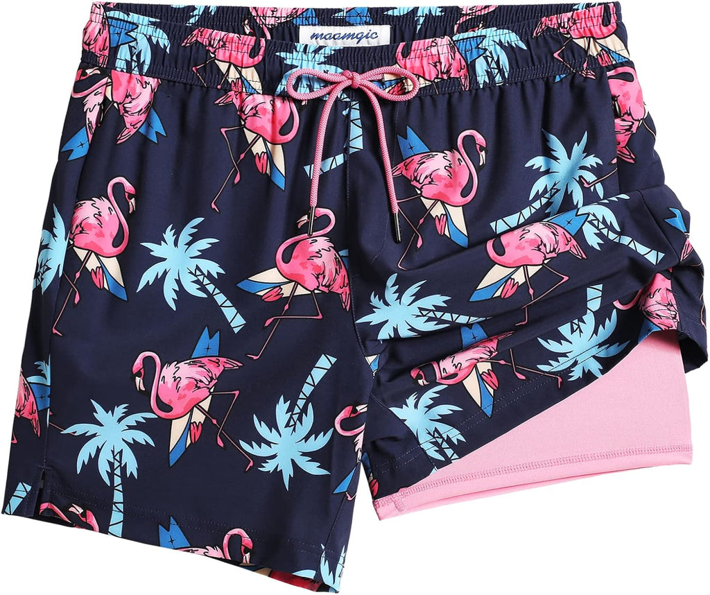 Men's Quick Dry Swim Trunks - 5 Inch Inseam with Built-In Compression Liner for Beach and Pool Days - Boro Flame (56)