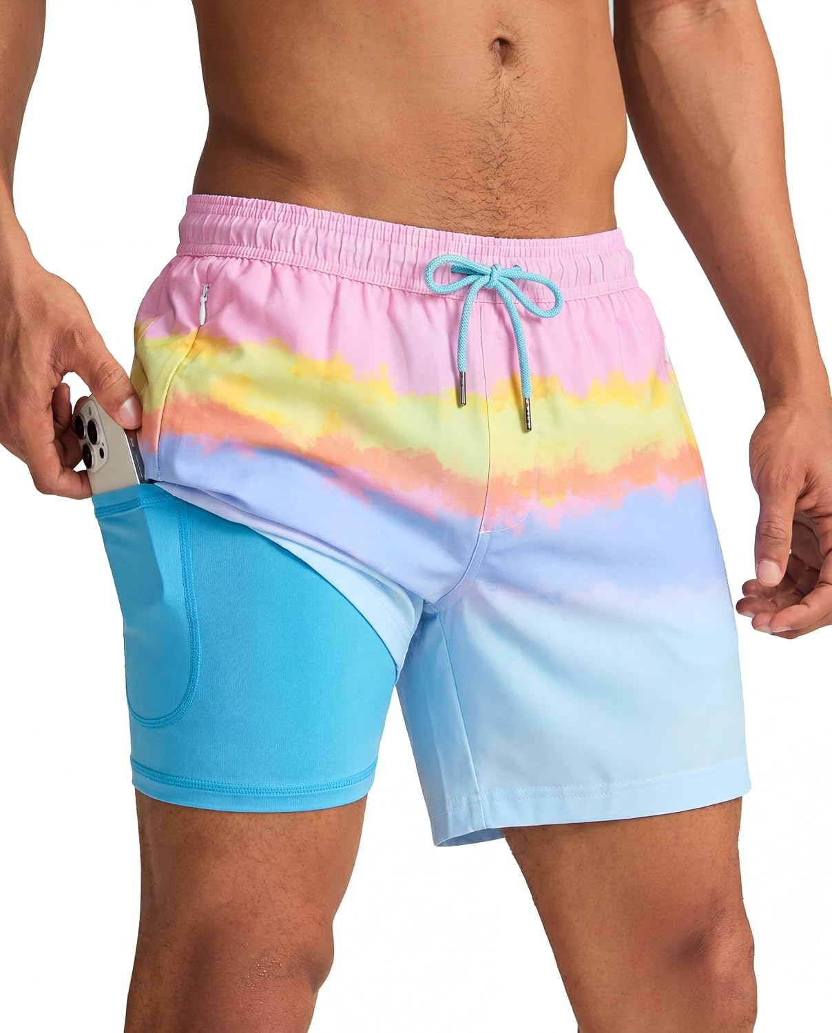 Men's Quick Dry Swim Trunks - 5 Inch Inseam with Built-In Compression Liner for Beach and Pool Days - Blue-pink Flamingo