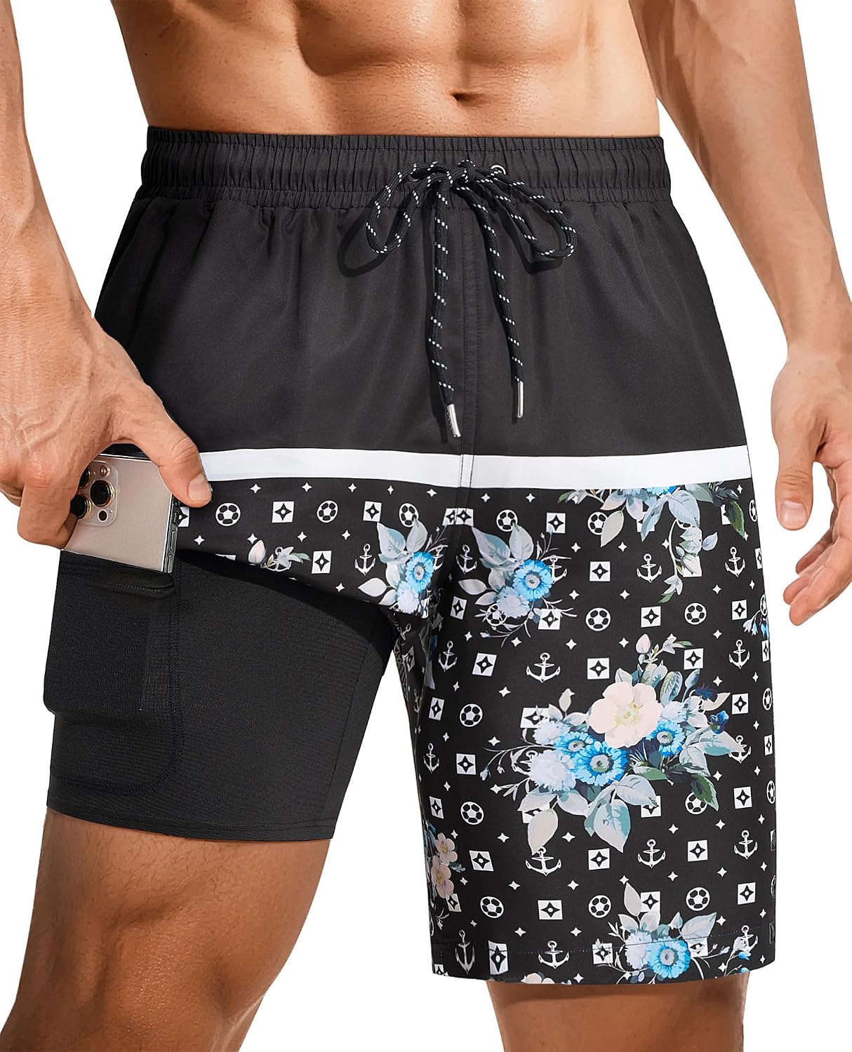 Men's 9 Inch Swim Trunks - UPF 40+ Board Shorts with Compression Liner, Velcro Pocket and Drain Holes - Small