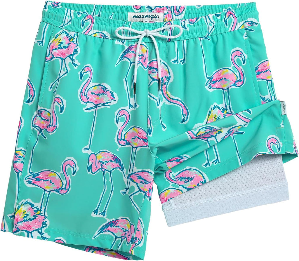 Men's 7 Inch Swim Trunks - Printed Quick Dry Bathing Suit with Compression Liner for Beach and Poolside - Medium