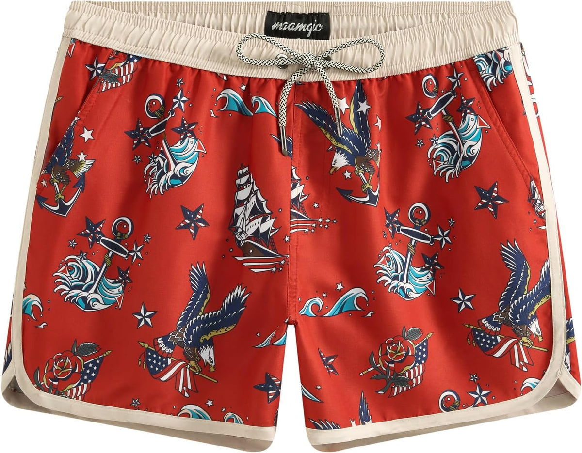 Men's Retro Swim Trunks - 80s and 90s Vintage Print Board Shorts with Mesh Lining and Quick Dry Fabric - Small (9)