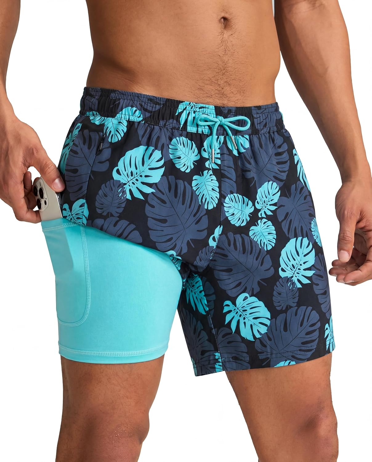 Men's Quick Dry Swim Trunks - 5 Inch Inseam with Built-In Compression Liner for Beach and Pool Days - Black-colorful Din