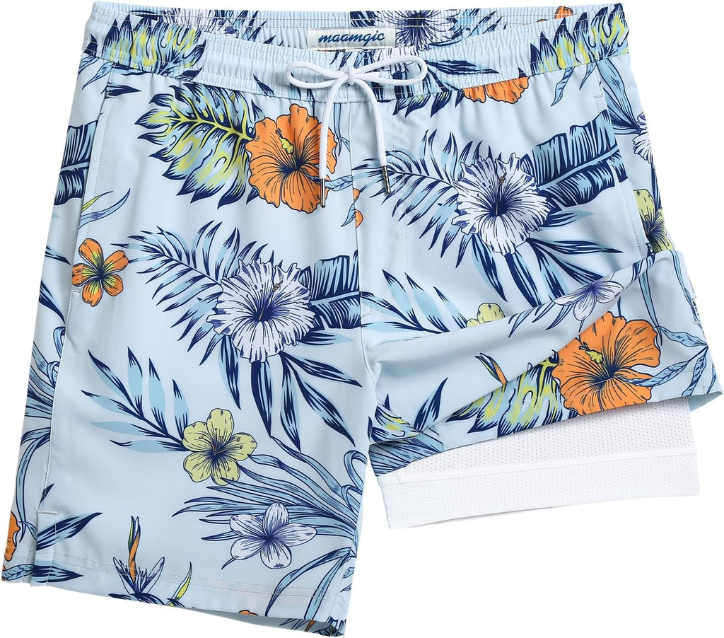 Men's 7 Inch Swim Trunks - Printed Quick Dry Bathing Suit with Compression Liner for Beach and Poolside - Medium