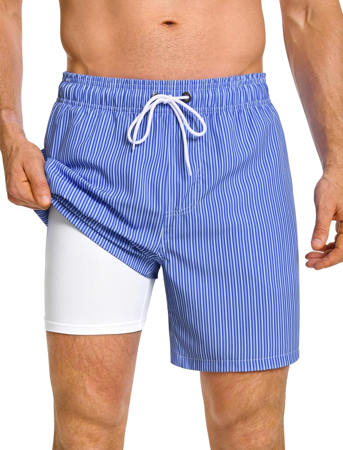 Men's 7 Inch Swim Trunks - 2 in 1 Compression Liner, Adjustable Waist and Side Zipper Pockets for Water Sports - Medium