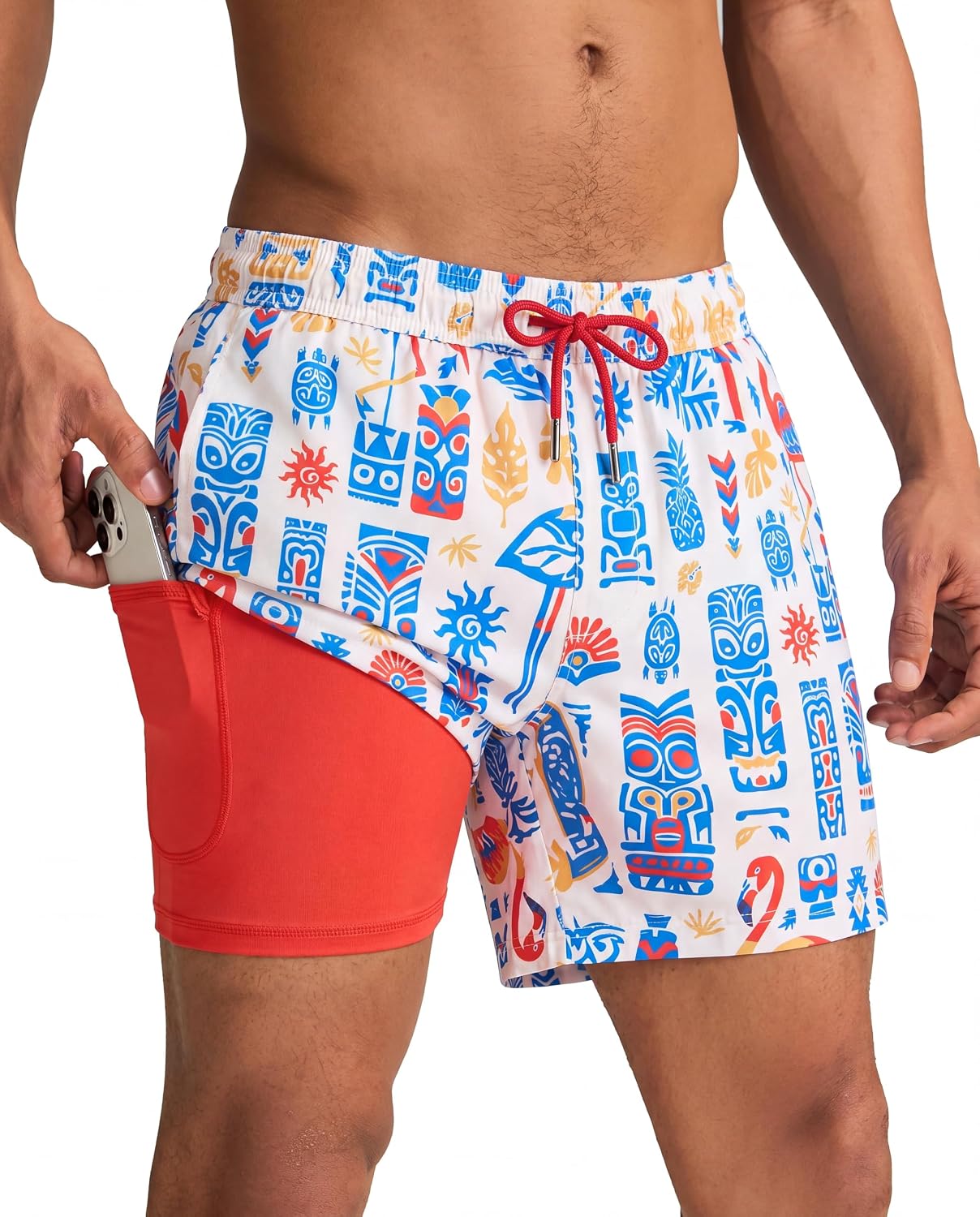 Men's Quick Dry Swim Trunks - 5 Inch Inseam with Built-In Compression Liner for Beach and Pool Days - Blue-pink Flamingo