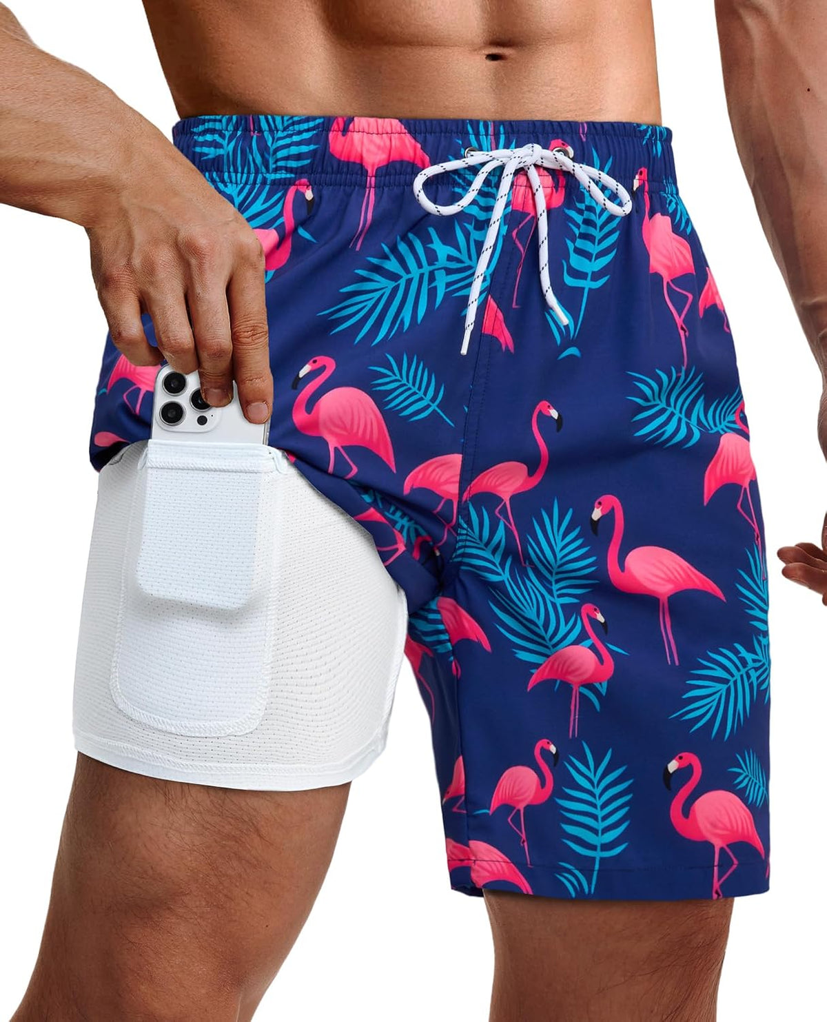 Men's 9 Inch Swim Trunks - UPF 40+ Board Shorts with Compression Liner, Velcro Pocket and Drain Holes - Small