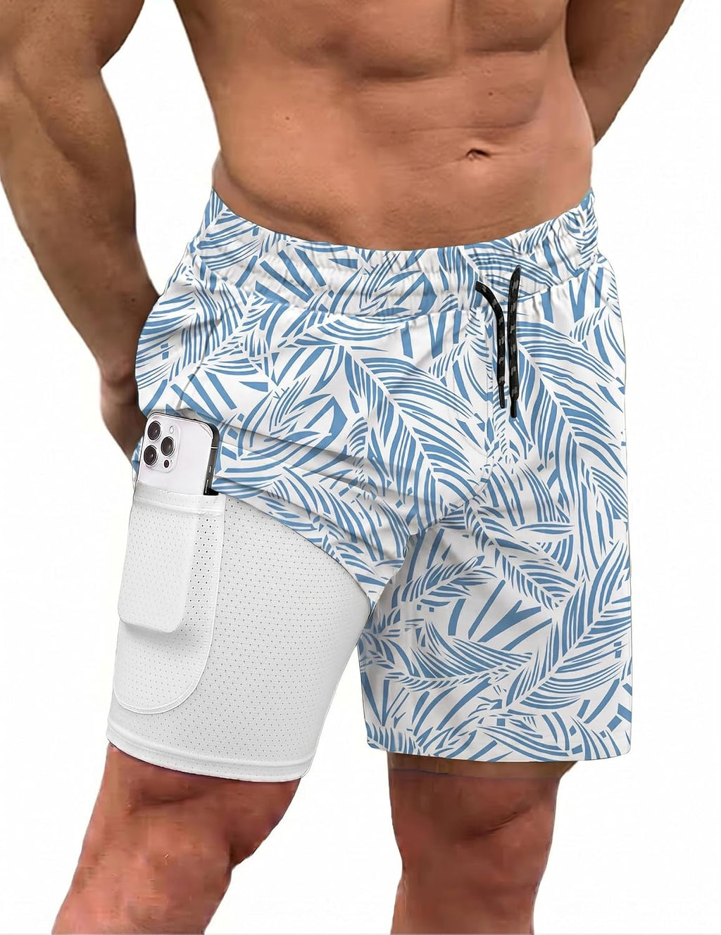 Men's 2 in 1 Swim Trunks - Quick Dry Board Shorts with Compression Liner and Printed Designs for the Beach - Print Green