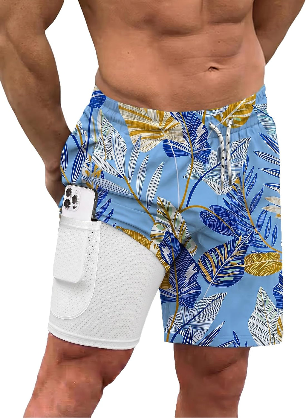 Men's 2 in 1 Swim Trunks - Quick Dry Board Shorts with Compression Liner and Printed Designs for the Beach - Peacock Blu