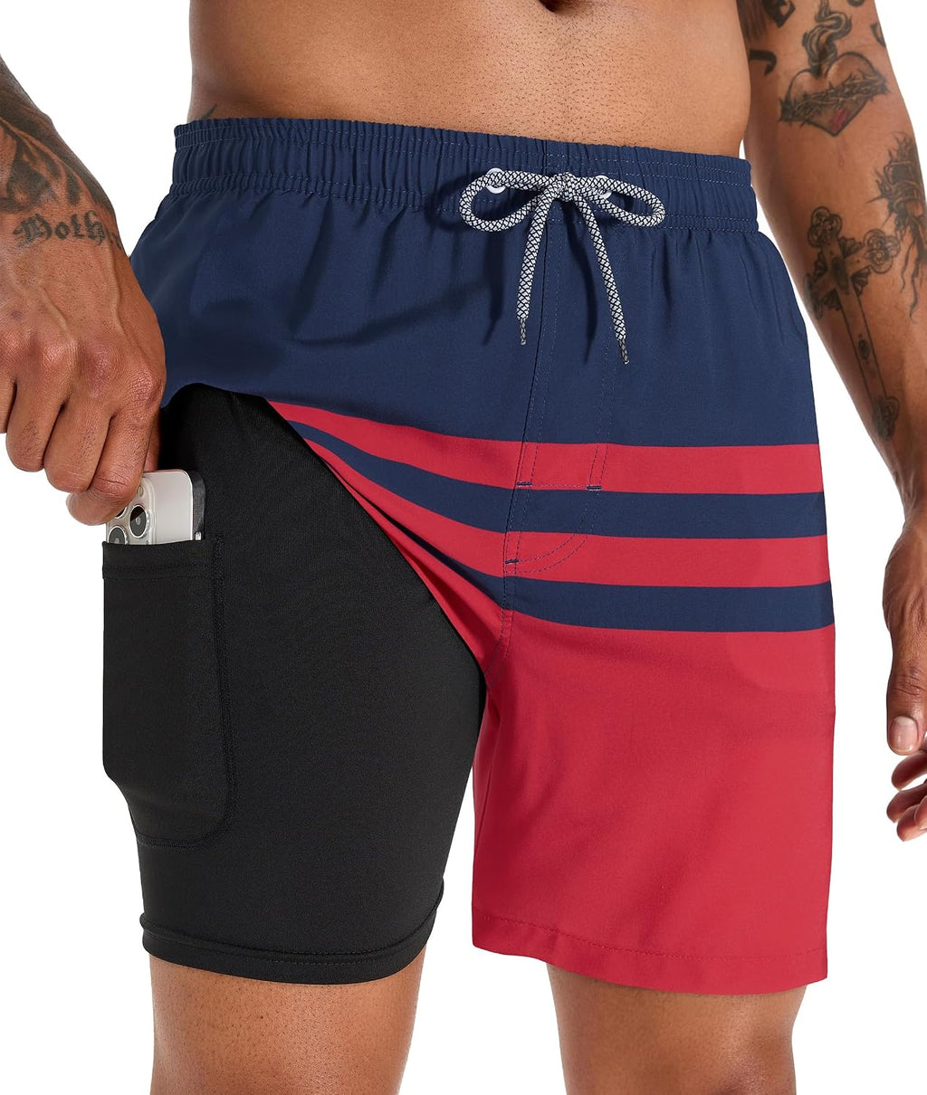 Men's 5 Inch Swim Trunks - Printed Beach Bathing Suit with Compression Liner and Elastic Waist for Poolside - Large