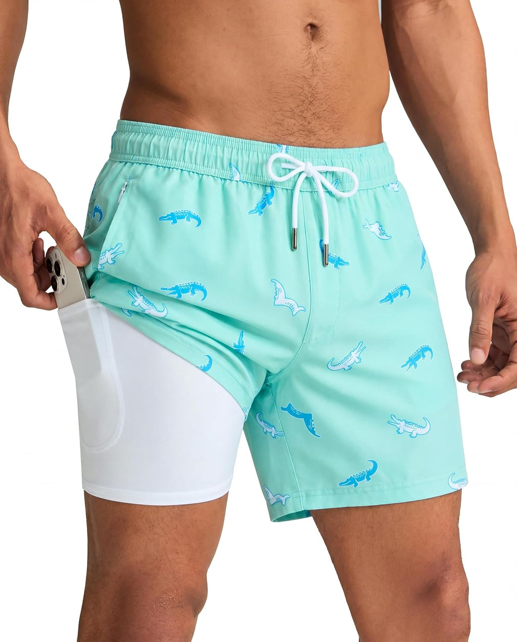 Men's Quick Dry Swim Trunks - 5 Inch Inseam with Built-In Compression Liner for Beach and Pool Days - Blue-swimming Duck