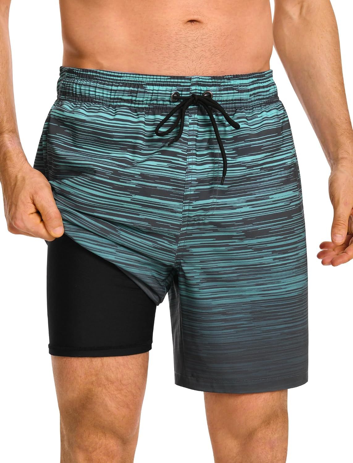 Men's 7 Inch Swim Trunks - 2 in 1 Compression Liner, Adjustable Waist and Side Zipper Pockets for Water Sports - Small