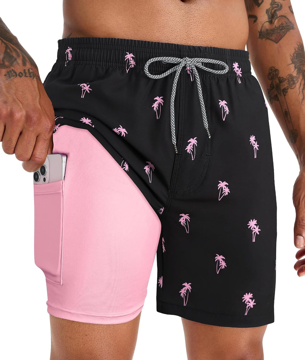 Men's 5 Inch Swim Trunks - Printed Beach Bathing Suit with Compression Liner and Elastic Waist for Poolside - Medium