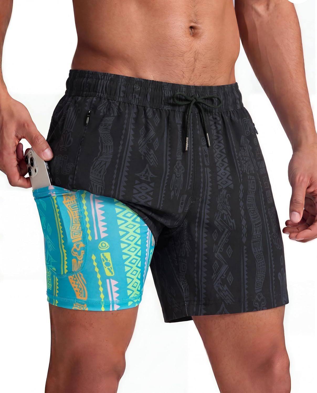 Men's Quick Dry Swim Trunks - 5 Inch Inseam with Built-In Compression Liner for Beach and Pool Days - Black-colorful Din
