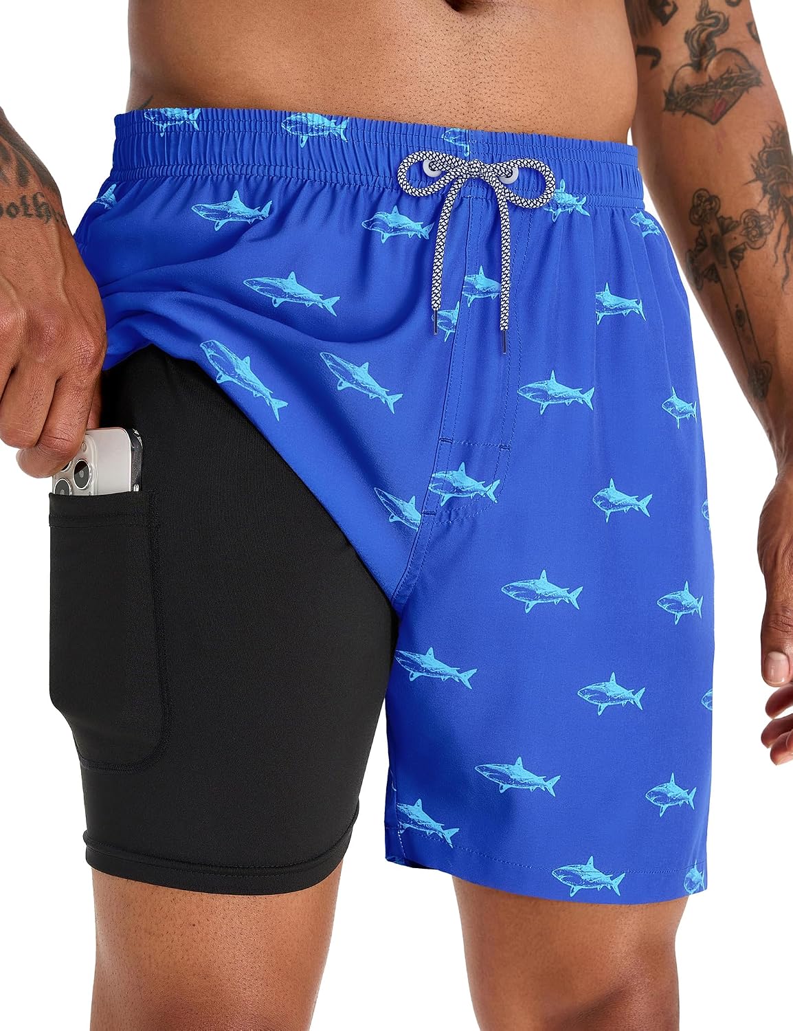 Men's 5 Inch Swim Trunks - Printed Beach Bathing Suit with Compression Liner and Elastic Waist for Poolside - Medium