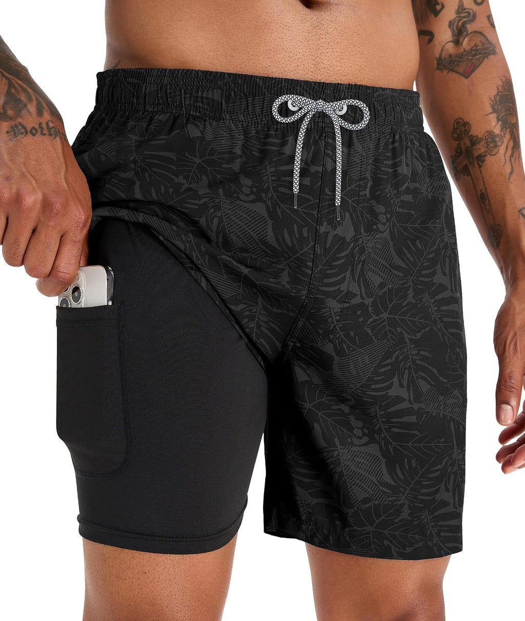 Men's 5 Inch Swim Trunks - Printed Beach Bathing Suit with Compression Liner and Elastic Waist for Poolside - Small