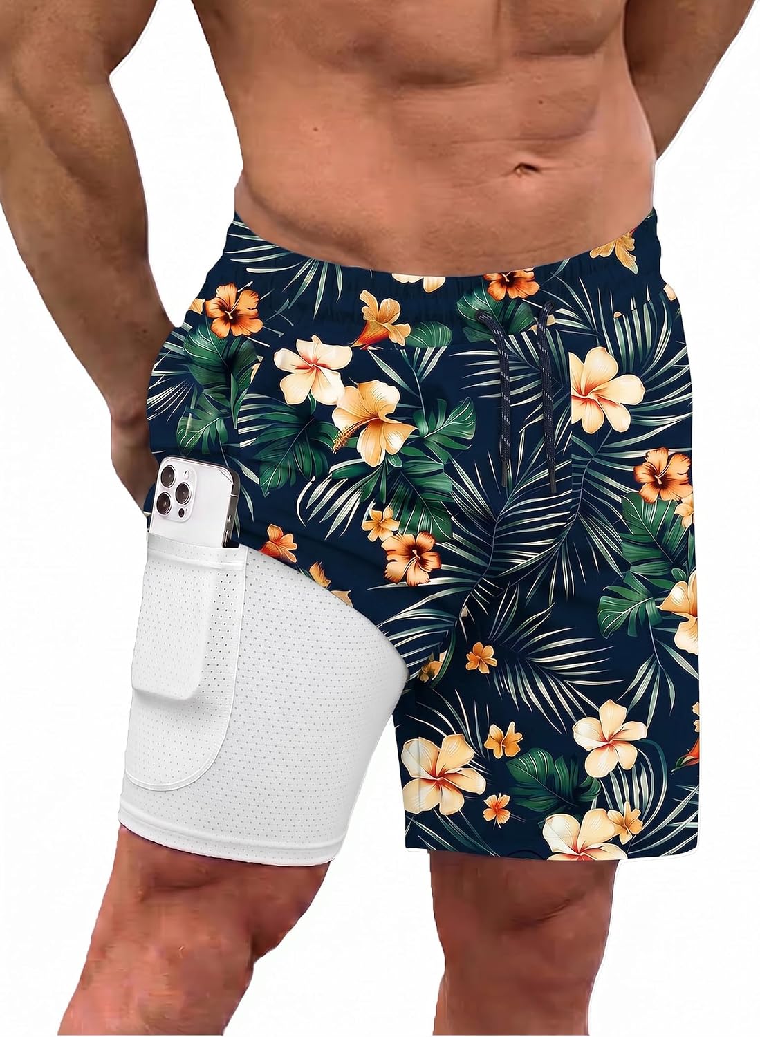 Men's 2 in 1 Swim Trunks - Quick Dry Board Shorts with Compression Liner and Printed Designs for the Beach - White