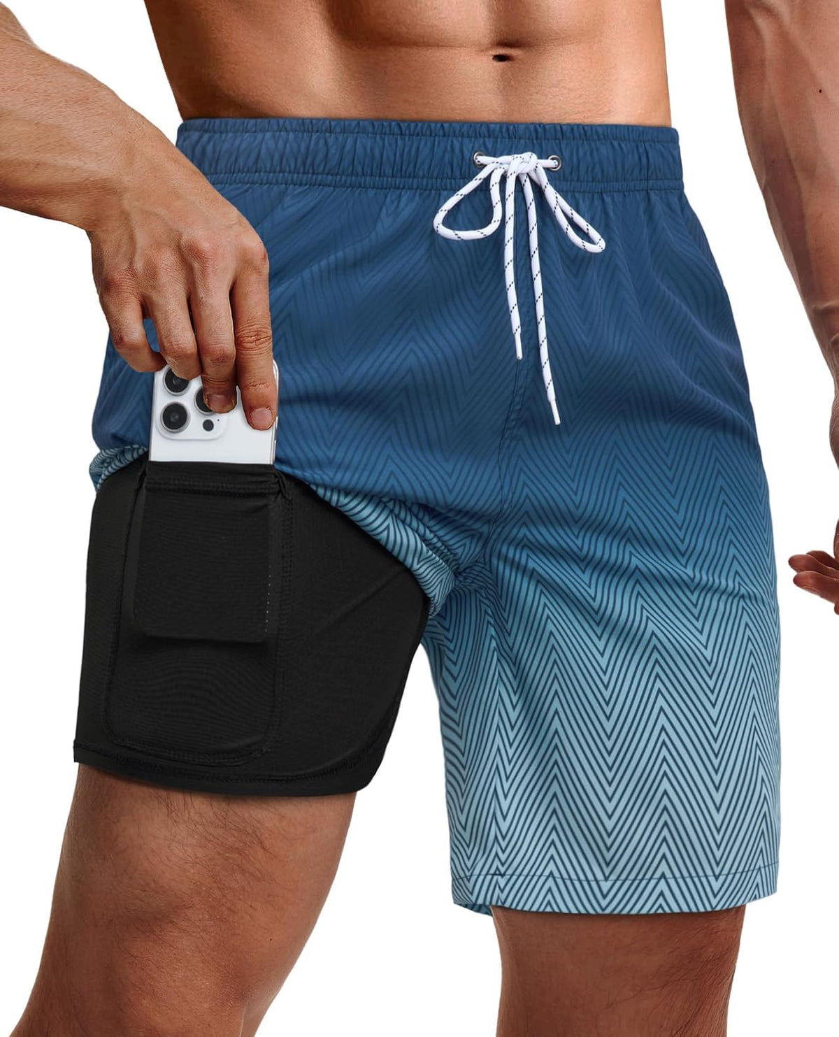 Men's 9 Inch Swim Trunks - UPF 40+ Board Shorts with Compression Liner, Velcro Pocket and Drain Holes - Medium