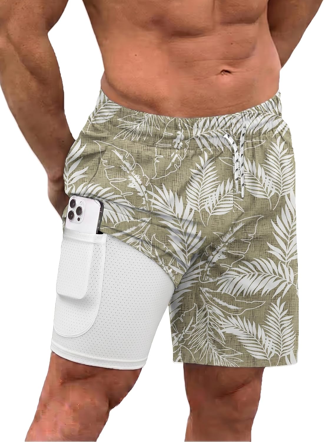 Men's 2 in 1 Swim Trunks - Quick Dry Board Shorts with Compression Liner and Printed Designs for the Beach - Pink Coconu