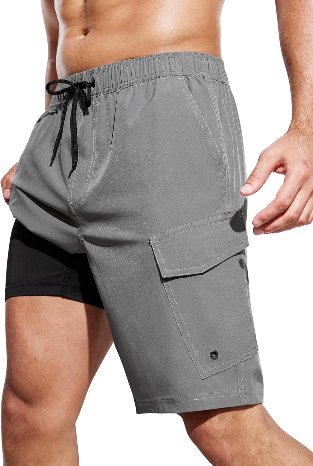 Men's Cargo Swim Trunks - 9 Inch Board Shorts with Compression Liner and Deep Side Pockets for Water Parks - Small