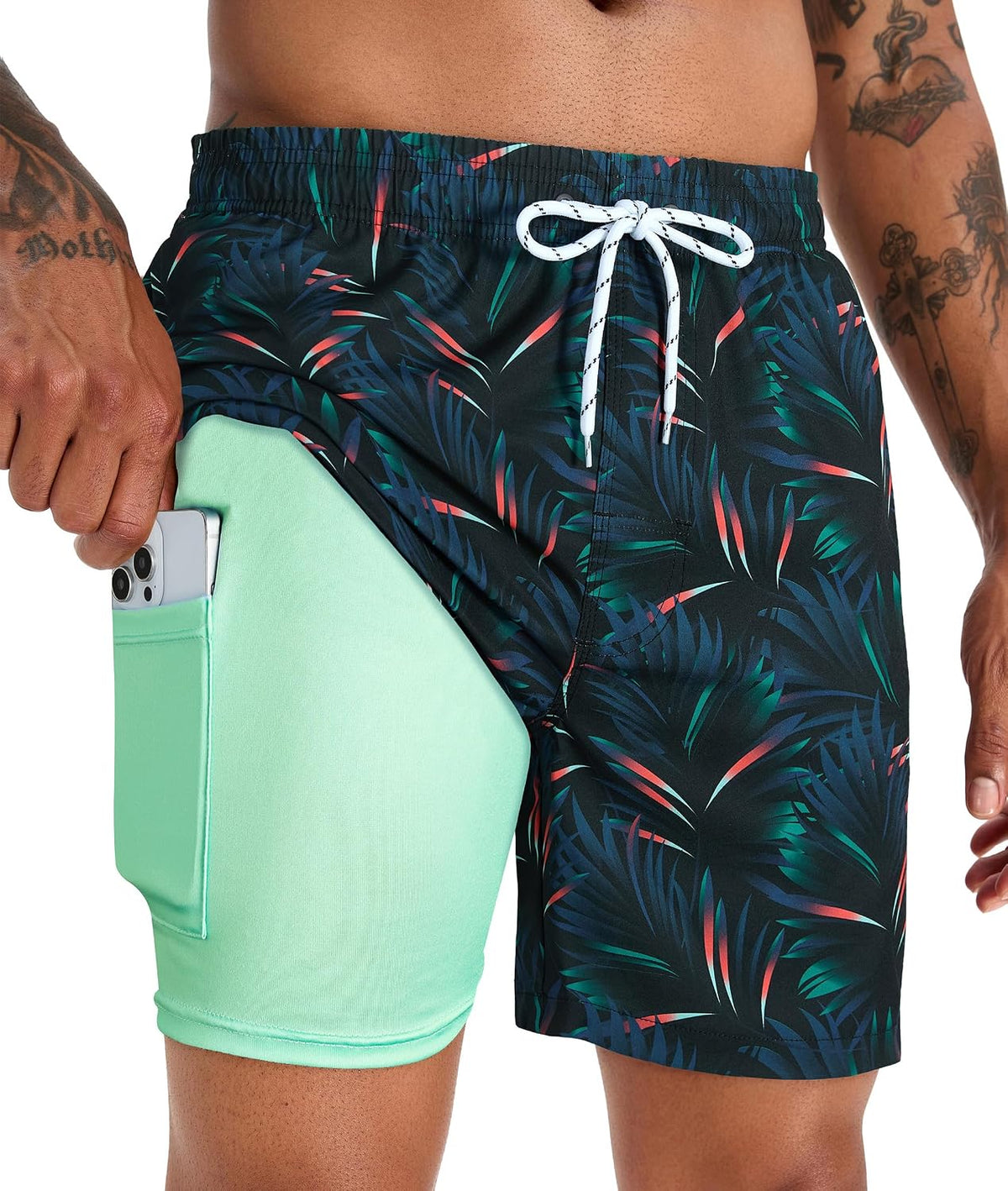 Men's 5 Inch Swim Trunks - Printed Beach Bathing Suit with Compression Liner and Elastic Waist for Poolside - Large
