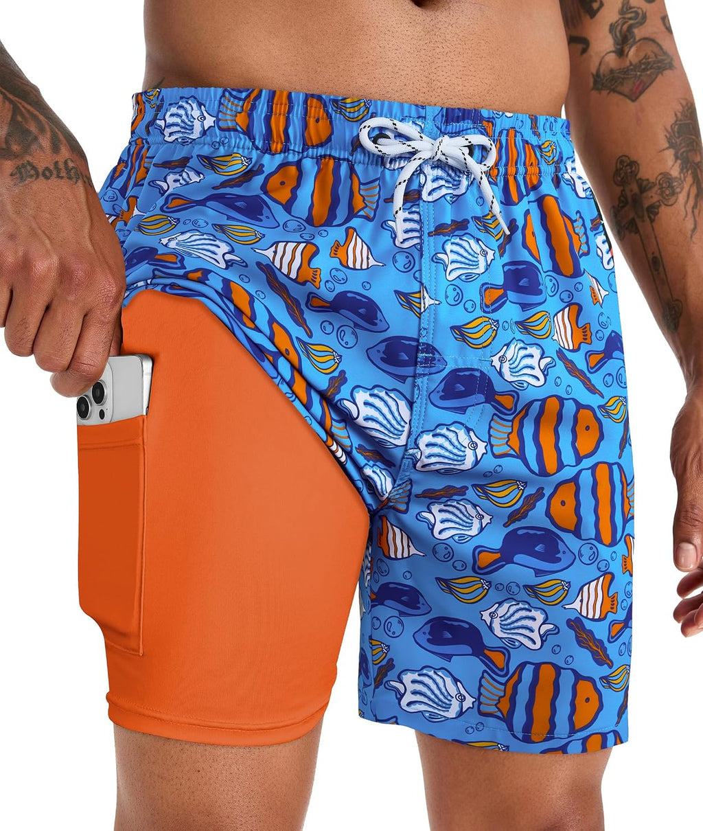 Men's 5 Inch Swim Trunks - Printed Beach Bathing Suit with Compression Liner and Elastic Waist for Poolside - Large