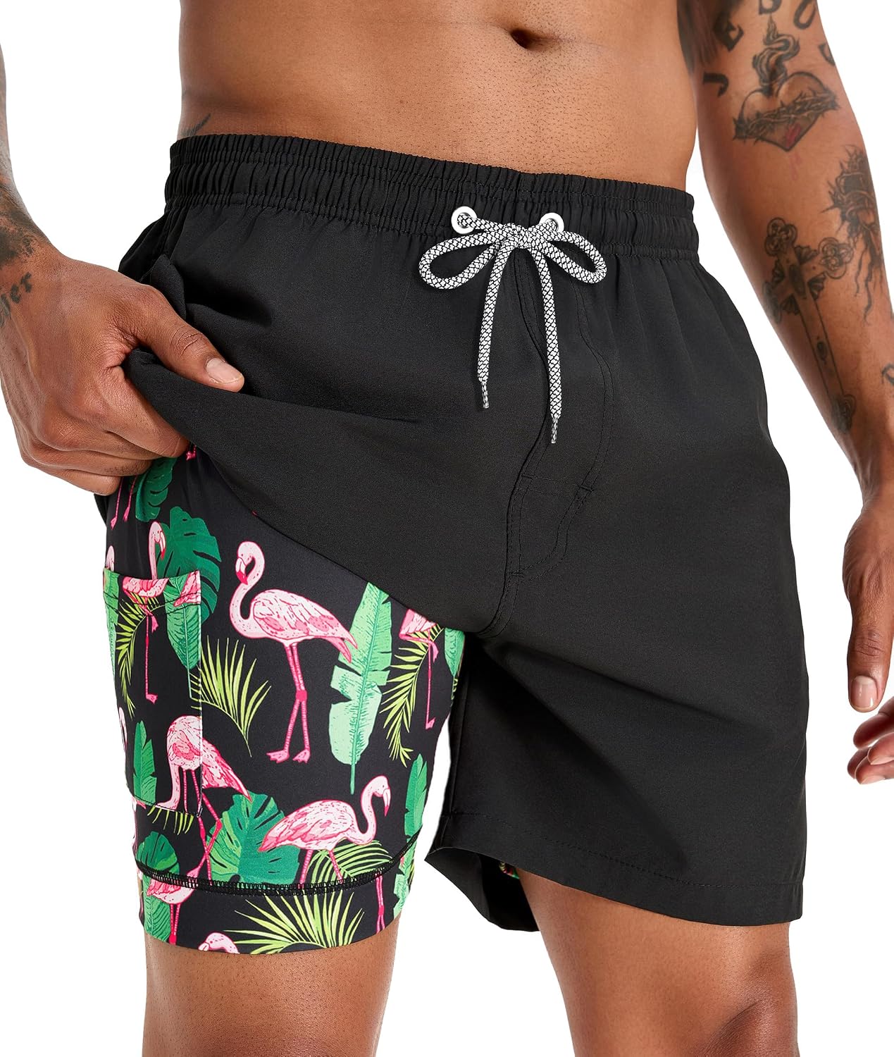 Men's 5 Inch Swim Trunks - Printed Beach Bathing Suit with Compression Liner and Elastic Waist for Poolside - Medium
