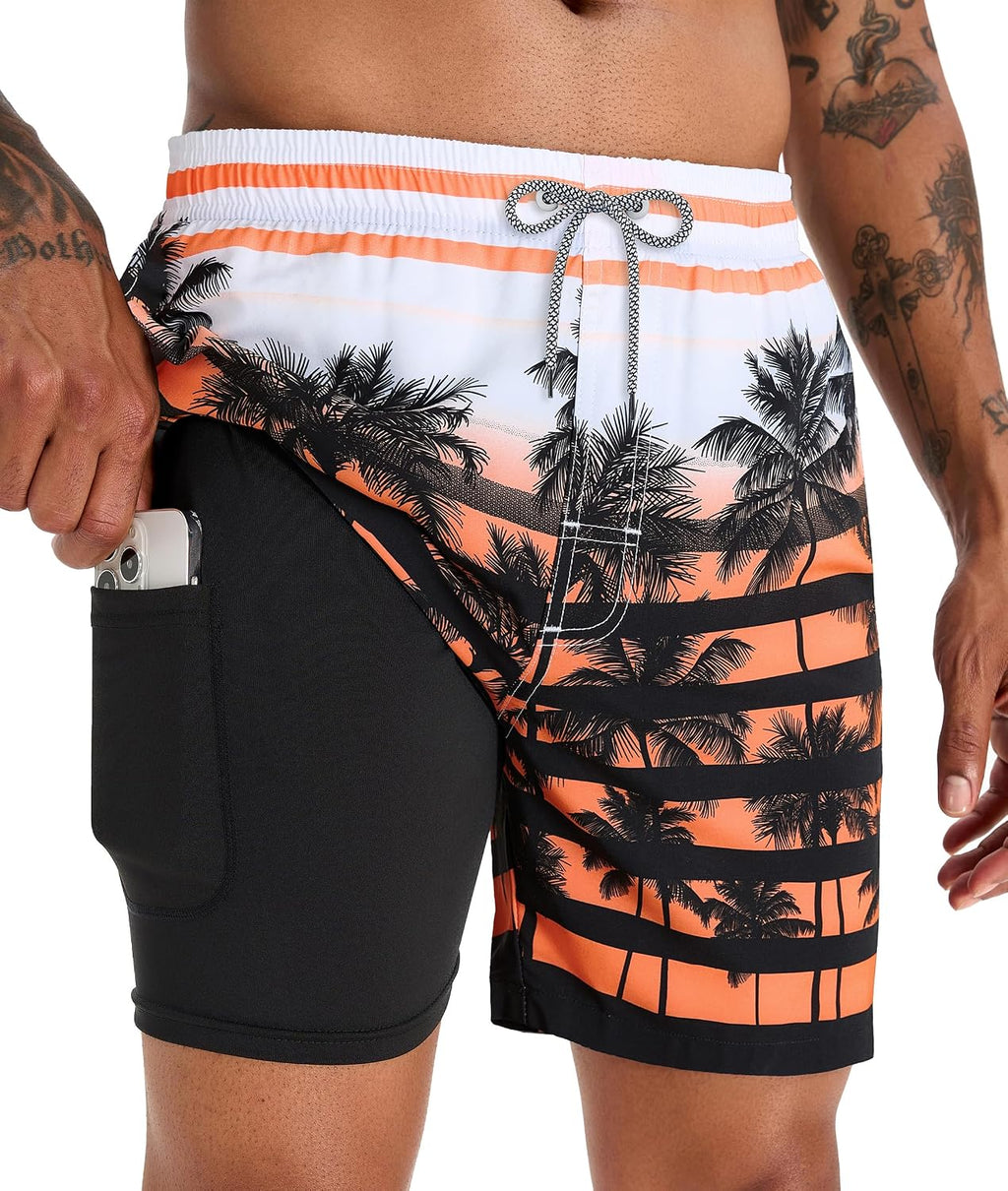 Men's 5 Inch Swim Trunks - Printed Beach Bathing Suit with Compression Liner and Elastic Waist for Poolside - Large