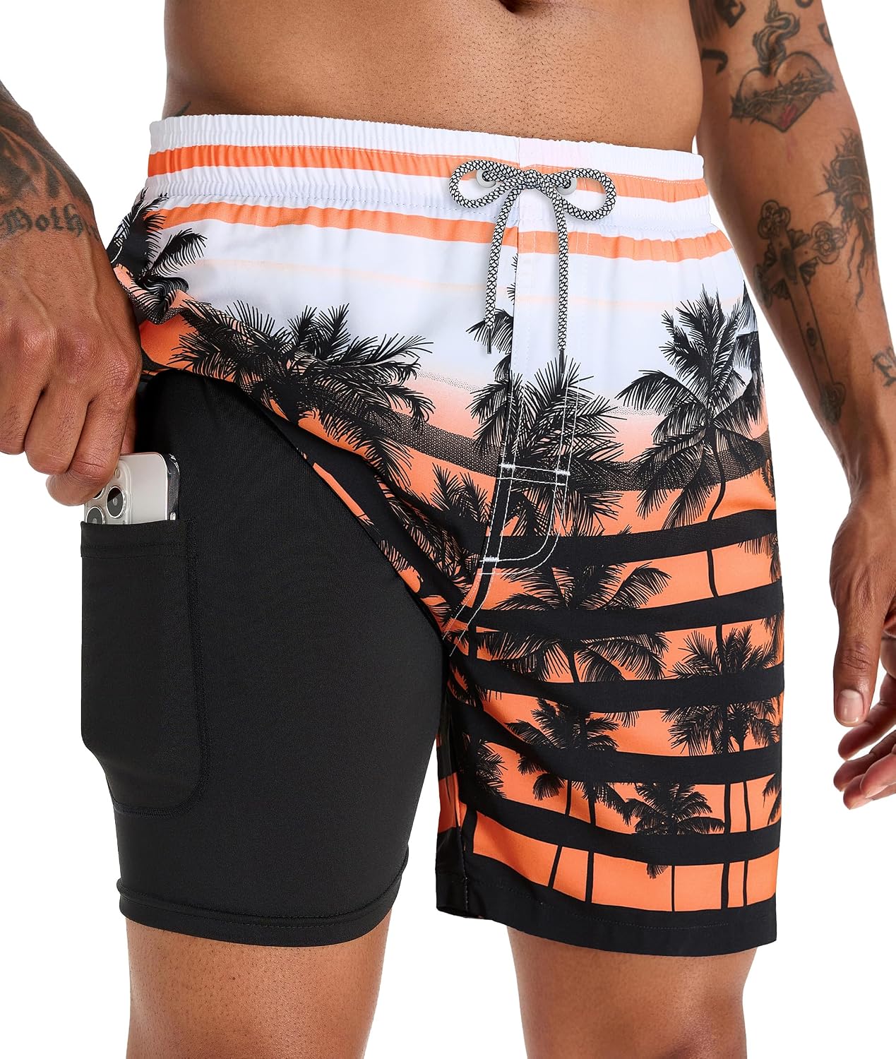 Men's 5 Inch Swim Trunks - Printed Beach Bathing Suit with Compression Liner and Elastic Waist for Poolside - Large